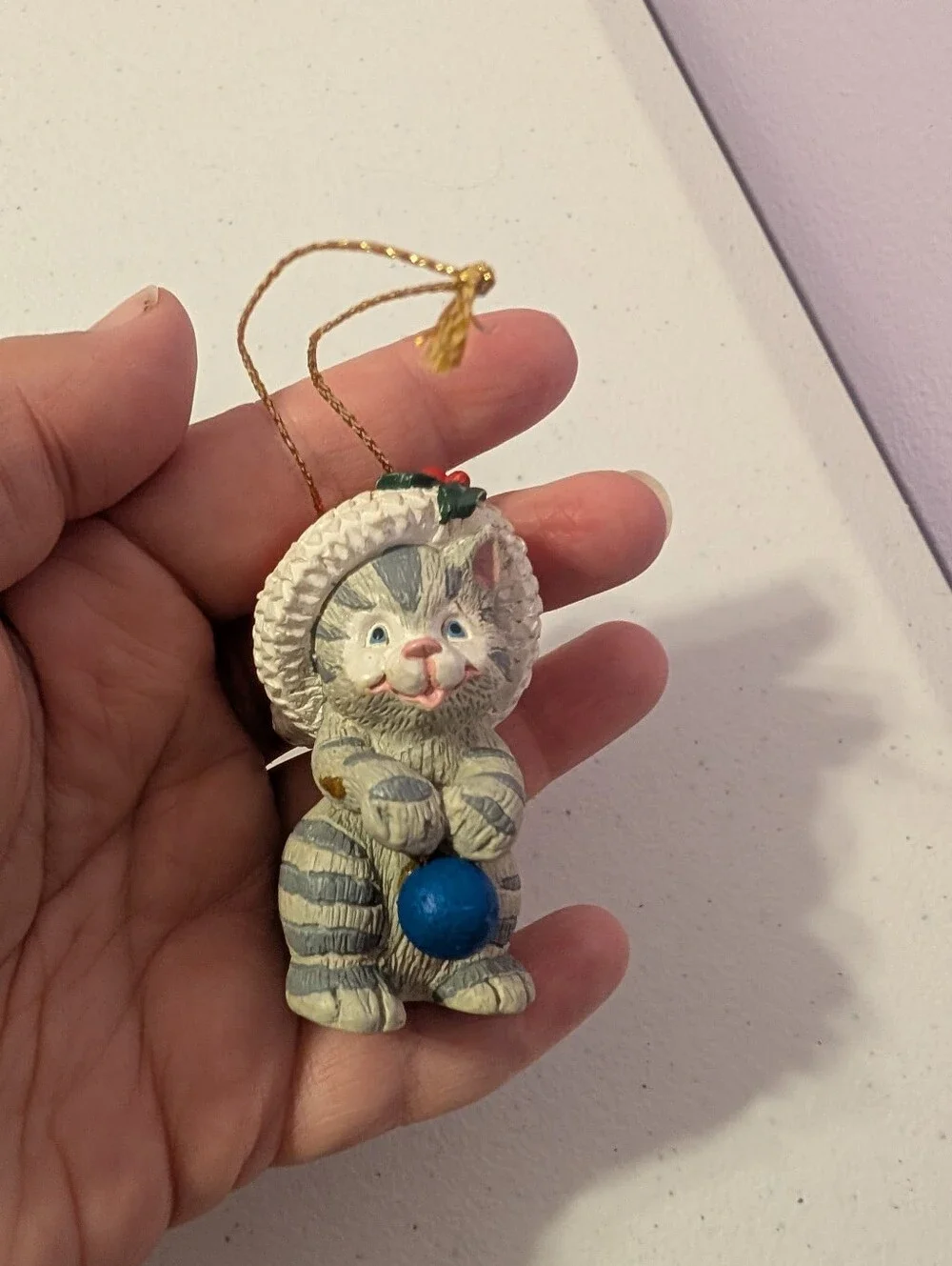 Grey Striped Tabby Cat In Santa Hat Resin Christmas Ornament 2.5